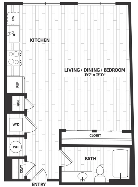 Floor plan for studio, 1 bath, 590 sqft